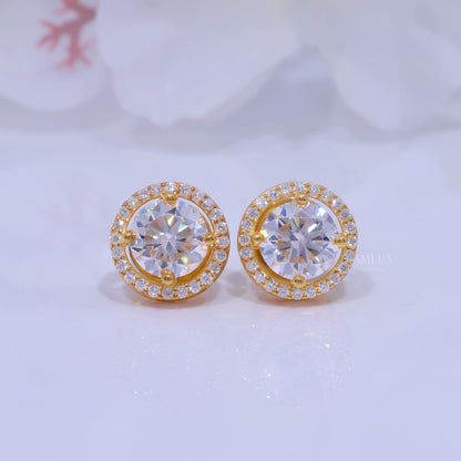 Yellow Gold Halo Diamond Stud Earrings With Moissanite Diamonds Diamlux Fine Jewelry