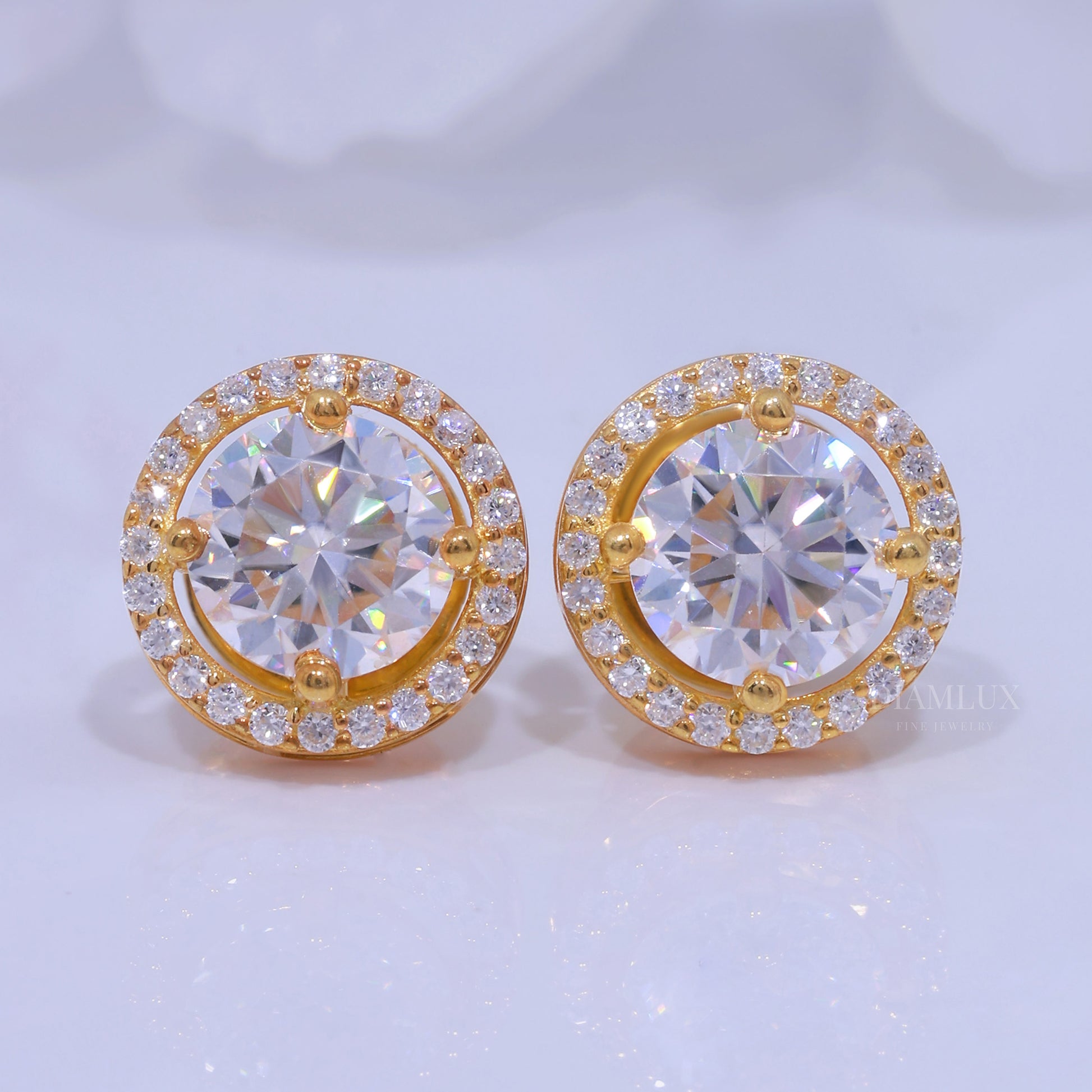 Yellow Gold Halo Diamond Stud Earrings With Moissanite Diamonds Diamlux Fine Jewelry