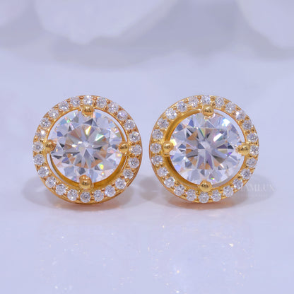 Yellow Gold Halo Diamond Stud Earrings With Moissanite Diamonds Diamlux Fine Jewelry