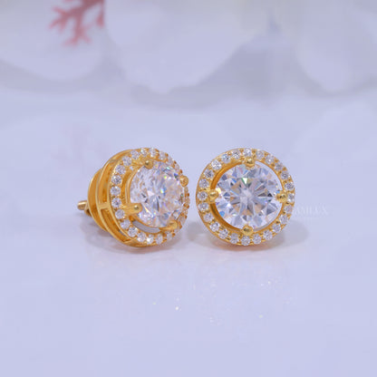 Yellow Gold Halo Diamond Stud Earrings With Moissanite Diamonds Diamlux Fine Jewelry