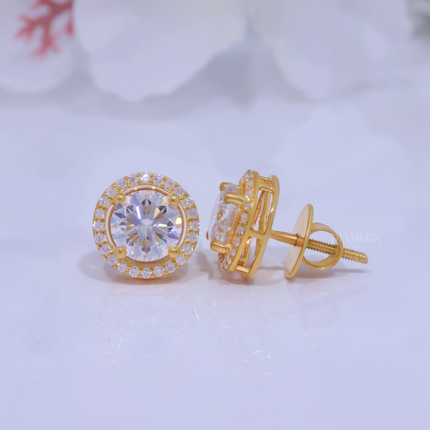 Yellow Gold Halo Diamond Stud Earrings With Moissanite Diamonds Diamlux Fine Jewelry