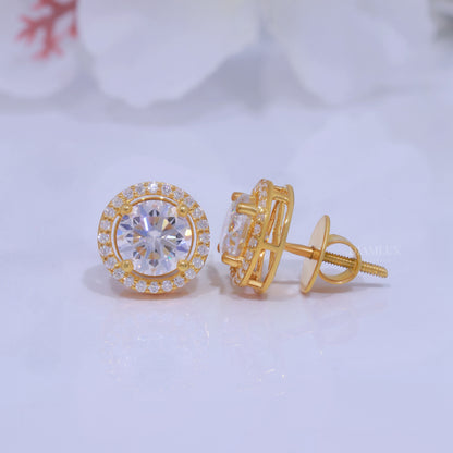 Yellow Gold Halo Diamond Stud Earrings With Moissanite Diamonds Diamlux Fine Jewelry