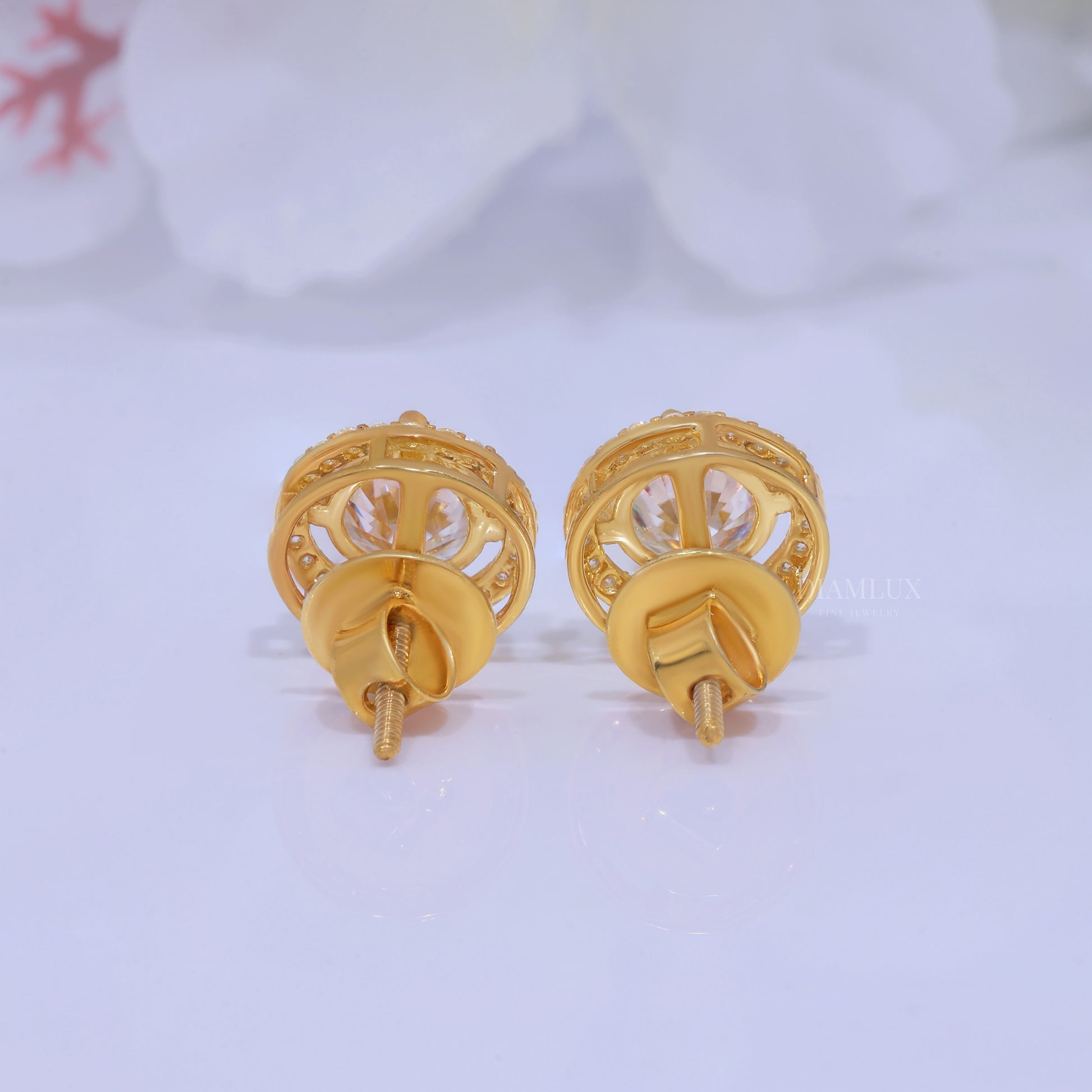 Yellow Gold Halo Diamond Stud Earrings With Moissanite Diamonds Diamlux Fine Jewelry