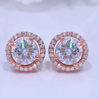 White Gold Halo Diamond Stud Earrings With Moissanite Diamonds Diamlux Fine Jewelry