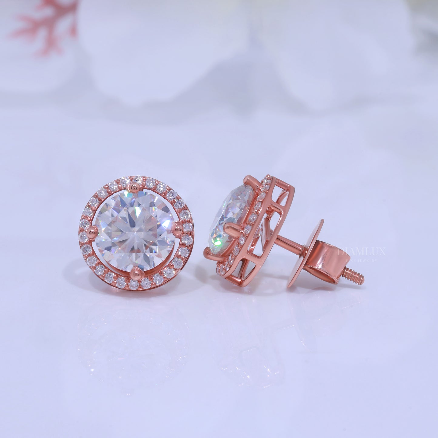 White Gold Halo Diamond Stud Earrings With Moissanite Diamonds Diamlux Fine Jewelry