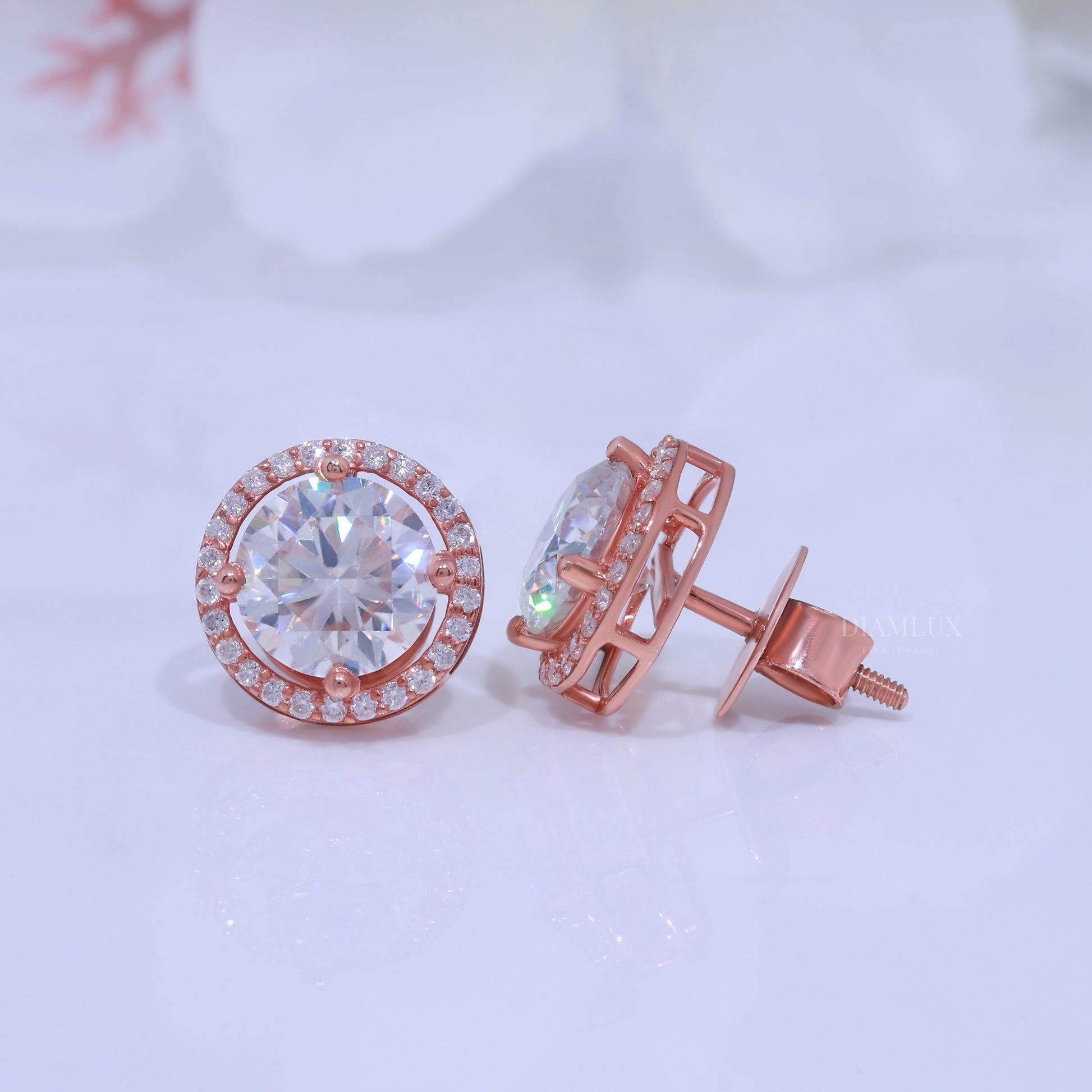 White Gold Halo Diamond Stud Earrings With Moissanite Diamonds Diamlux Fine Jewelry