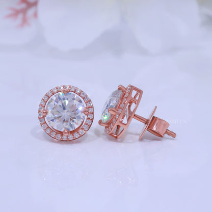 White Gold Halo Diamond Stud Earrings With Moissanite Diamonds Diamlux Fine Jewelry