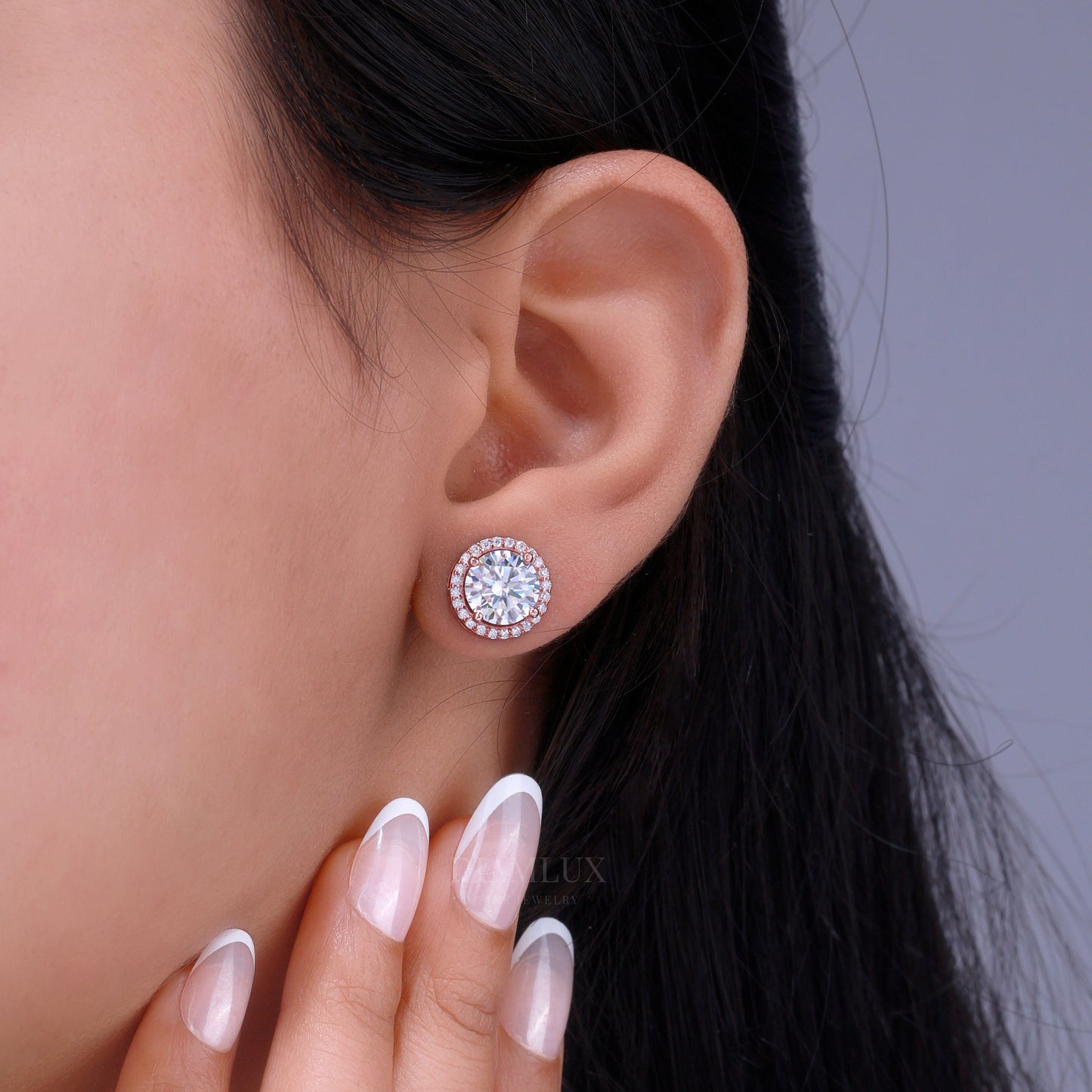 White Gold Halo Diamond Stud Earrings With Moissanite Diamonds Diamlux Fine Jewelry