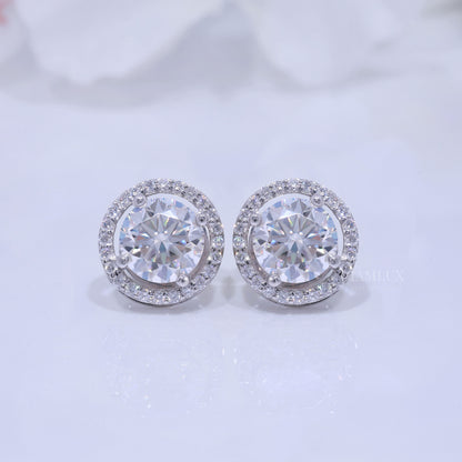 White Gold Halo Stud Earrings With Moissanite Diamonds Diamlux Fine Jewelry