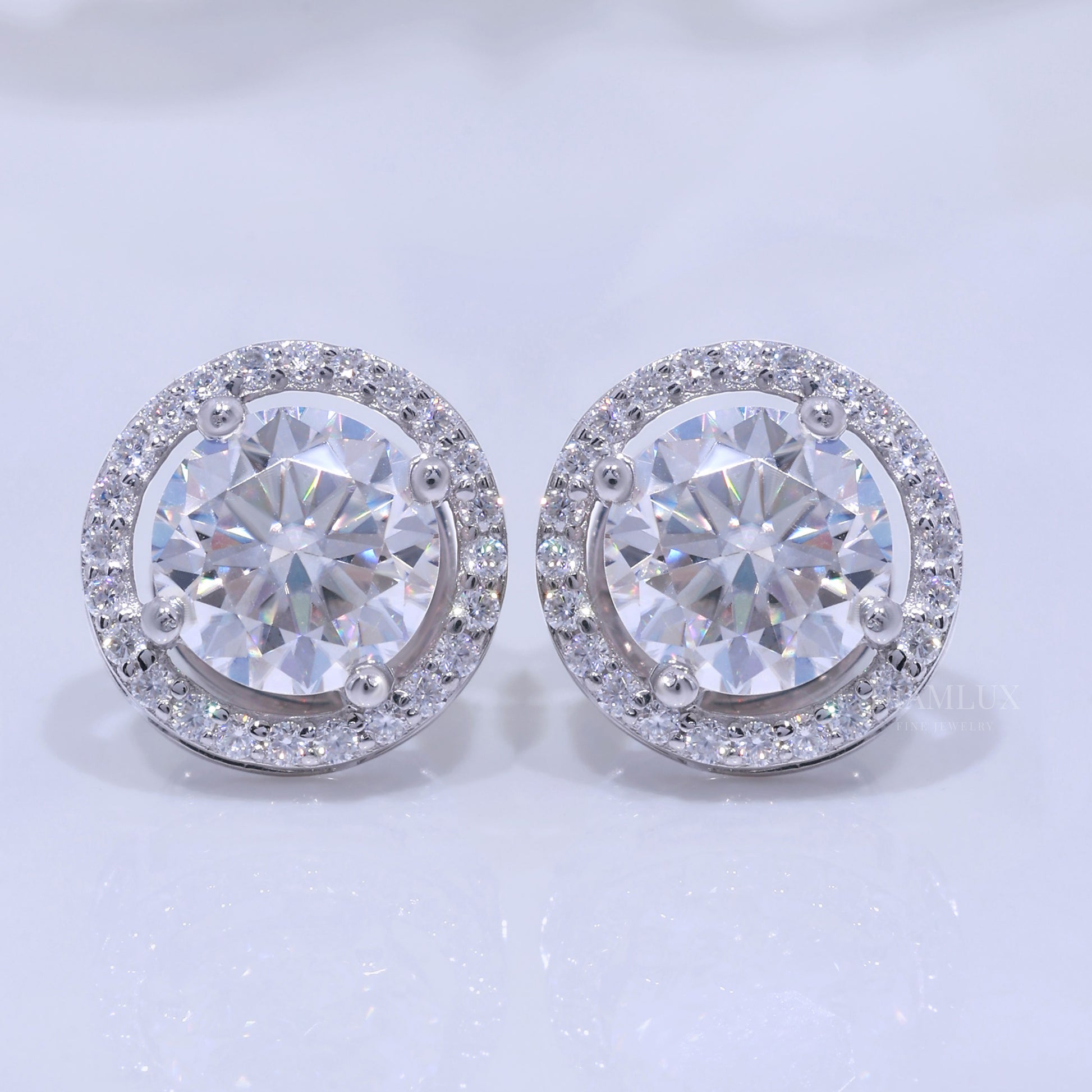 White Gold Halo Stud Earrings With Moissanite Diamonds Diamlux Fine Jewelry