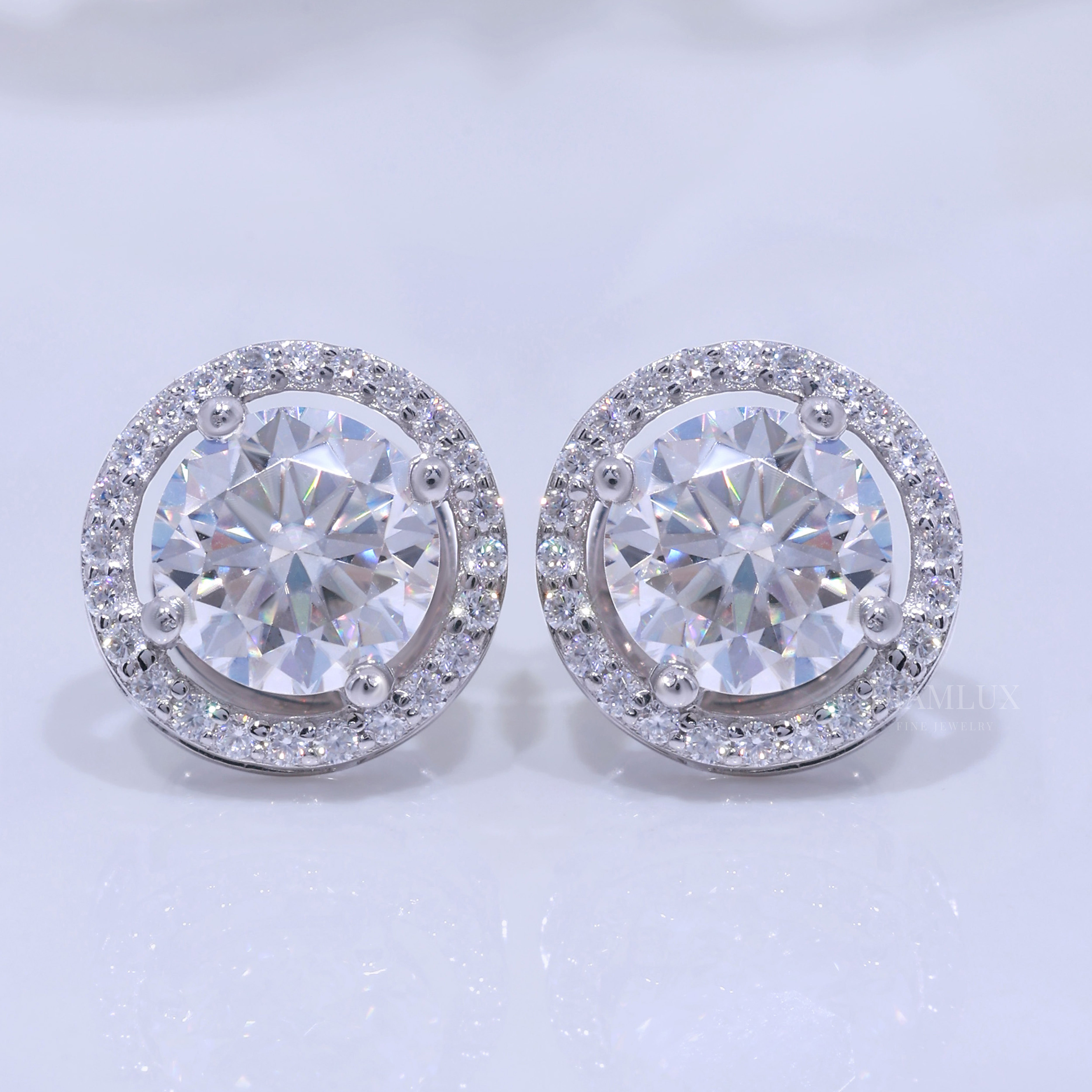 White Gold Halo Stud Earrings With Moissanite Diamonds Diamlux Fine Jewelry