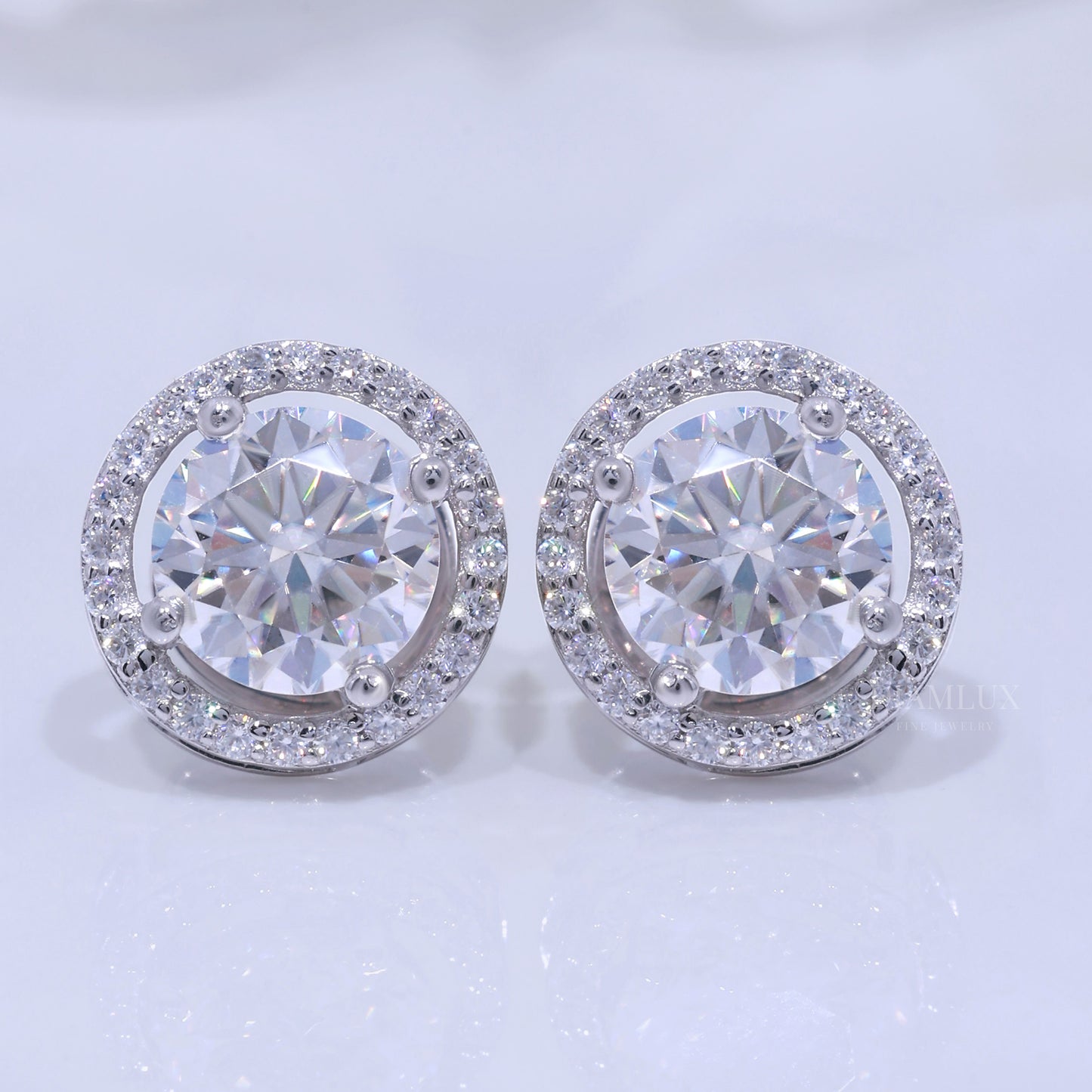 White Gold Halo Diamond Stud Earrings with Moissanite Diamonds Diamlux Fine Jewelry