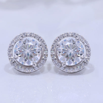 White Gold Halo Diamond Stud Earrings with Moissanite Diamonds Diamlux Fine Jewelry