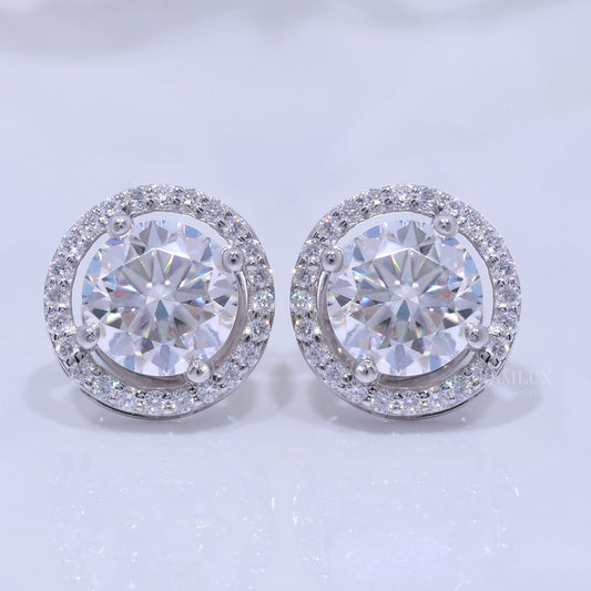 White Gold Halo Diamond Stud Earrings with Moissanite Diamonds Diamlux Fine Jewelry