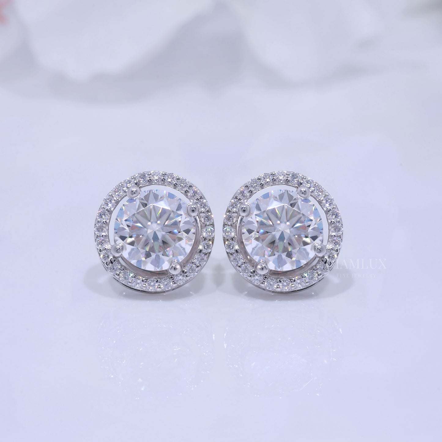 White Gold Halo Diamond Stud Earrings with Moissanite Diamonds Diamlux Fine Jewelry