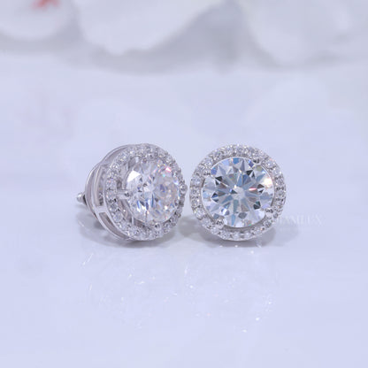 White Gold Halo Stud Earrings With Moissanite Diamonds Diamlux Fine Jewelry