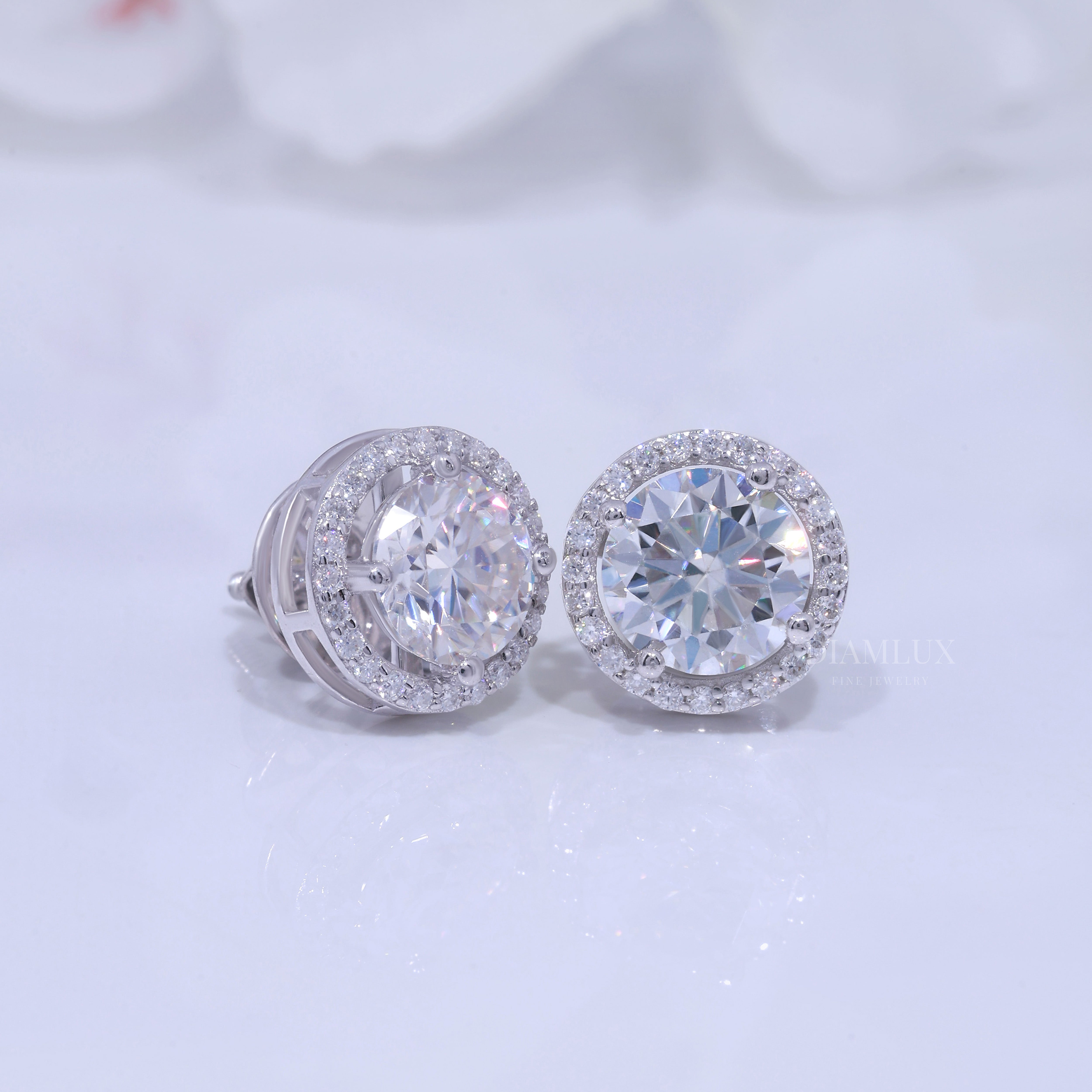White Gold Halo Stud Earrings With Moissanite Diamonds Diamlux Fine Jewelry