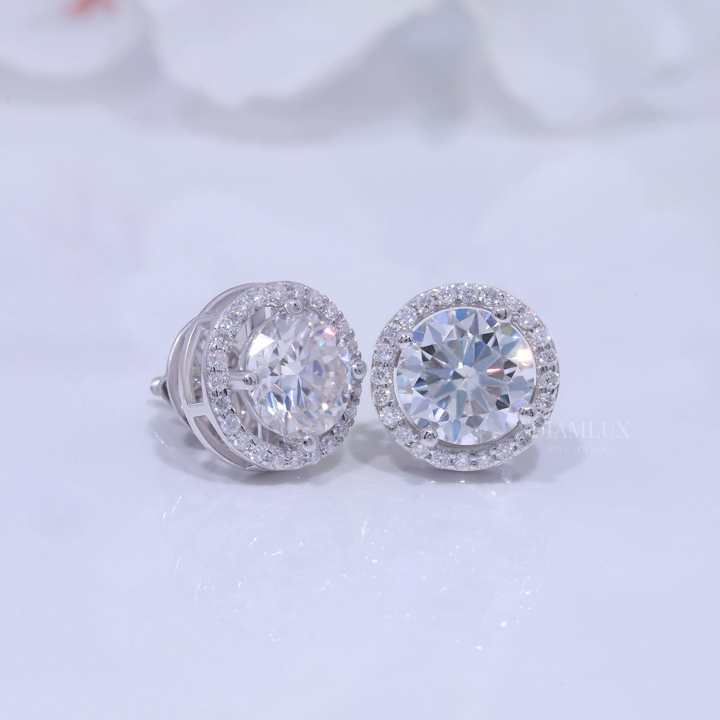 White Gold Halo Diamond Stud Earrings with Moissanite Diamonds Diamlux Fine Jewelry