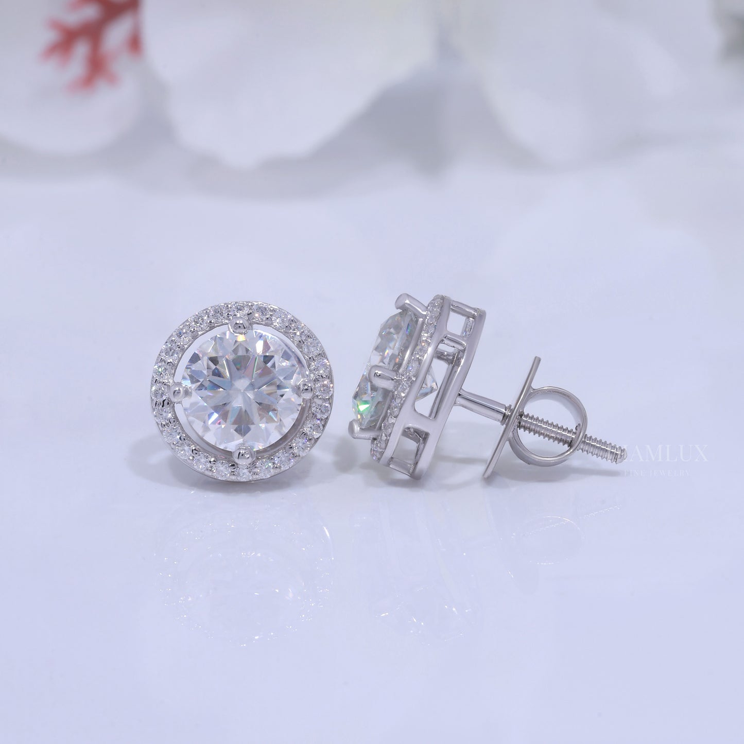 White Gold Halo Stud Earrings With Moissanite Diamonds Diamlux Fine Jewelry