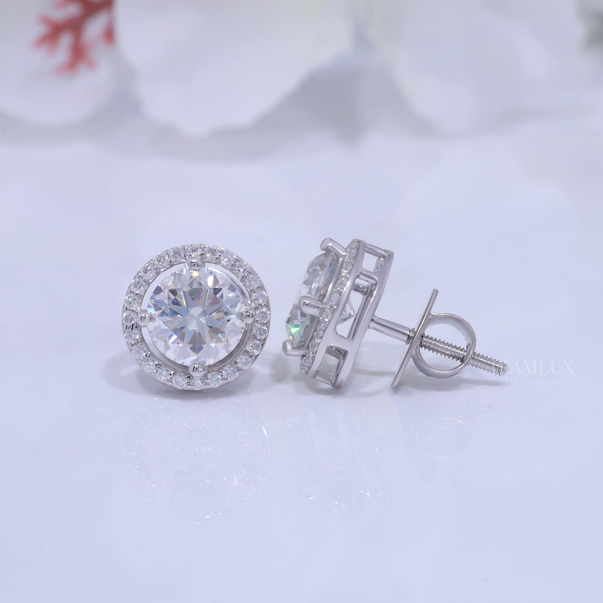 White Gold Halo Stud Earrings With Moissanite Diamonds Diamlux Fine Jewelry