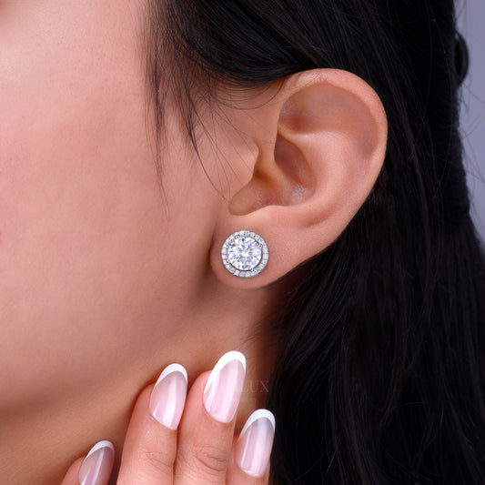 White Gold Halo Stud Earrings With Moissanite Diamonds Diamlux Fine Jewelry
