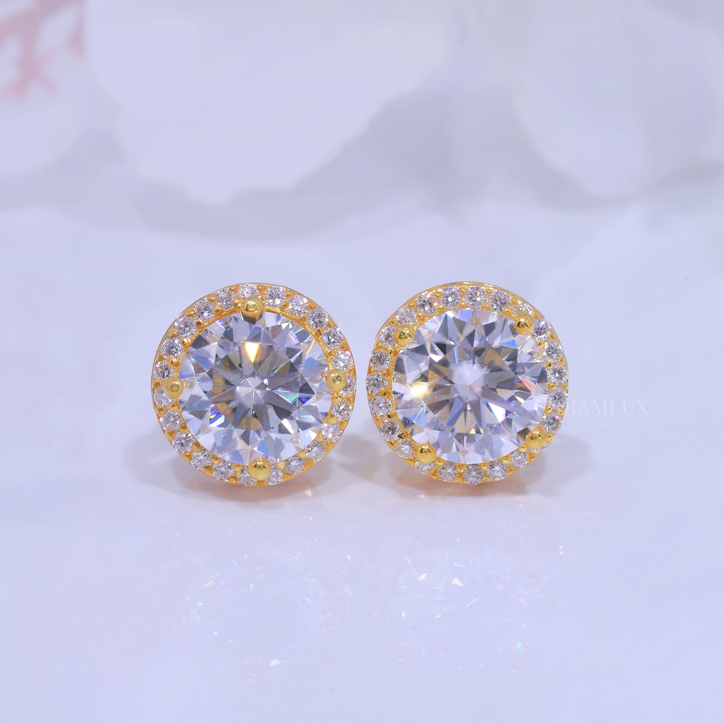 Yellow Gold Halo Stud Earrings With Moissanite Diamonds Diamlux Fine Jewelry