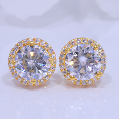 Yellow Gold Halo Stud Earrings With Moissanite Diamonds Diamlux Fine Jewelry