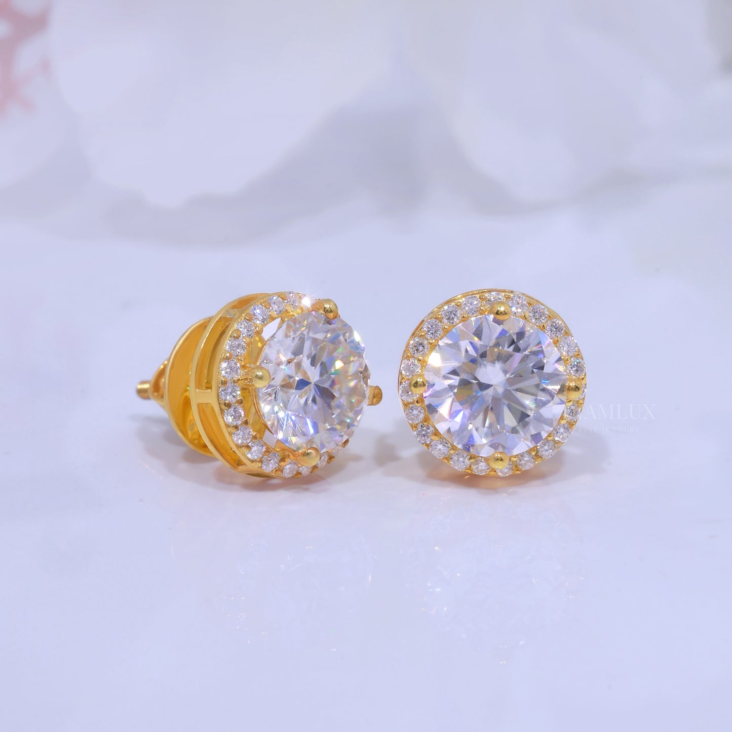 Yellow Gold Halo Stud Earrings With Moissanite Diamonds Diamlux Fine Jewelry
