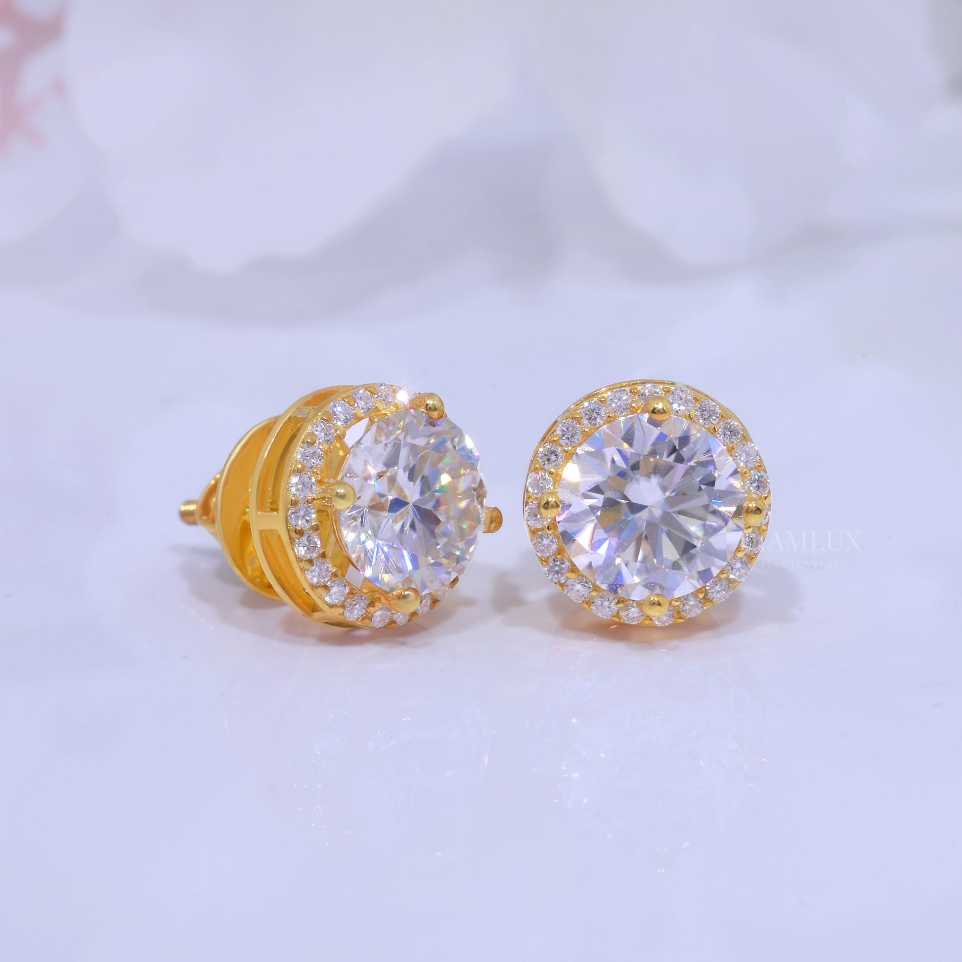 Yellow Gold Halo Stud Earrings With Moissanite Diamonds Diamlux Fine Jewelry