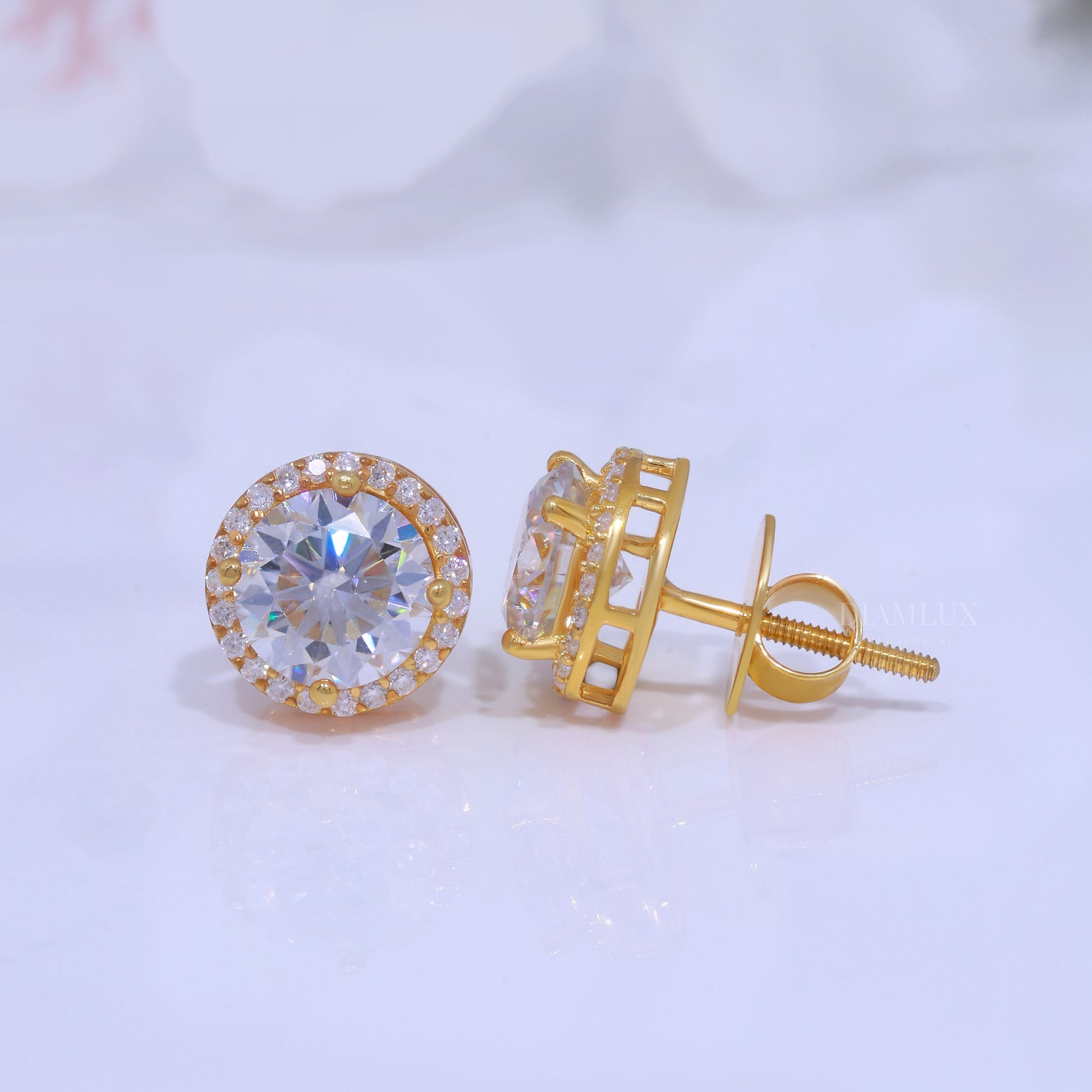 Yellow Gold Halo Stud Earrings With Moissanite Diamonds Diamlux Fine Jewelry