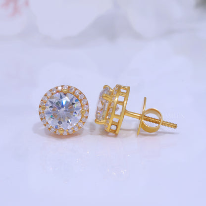 Yellow Gold Halo Stud Earrings With Moissanite Diamonds Diamlux Fine Jewelry