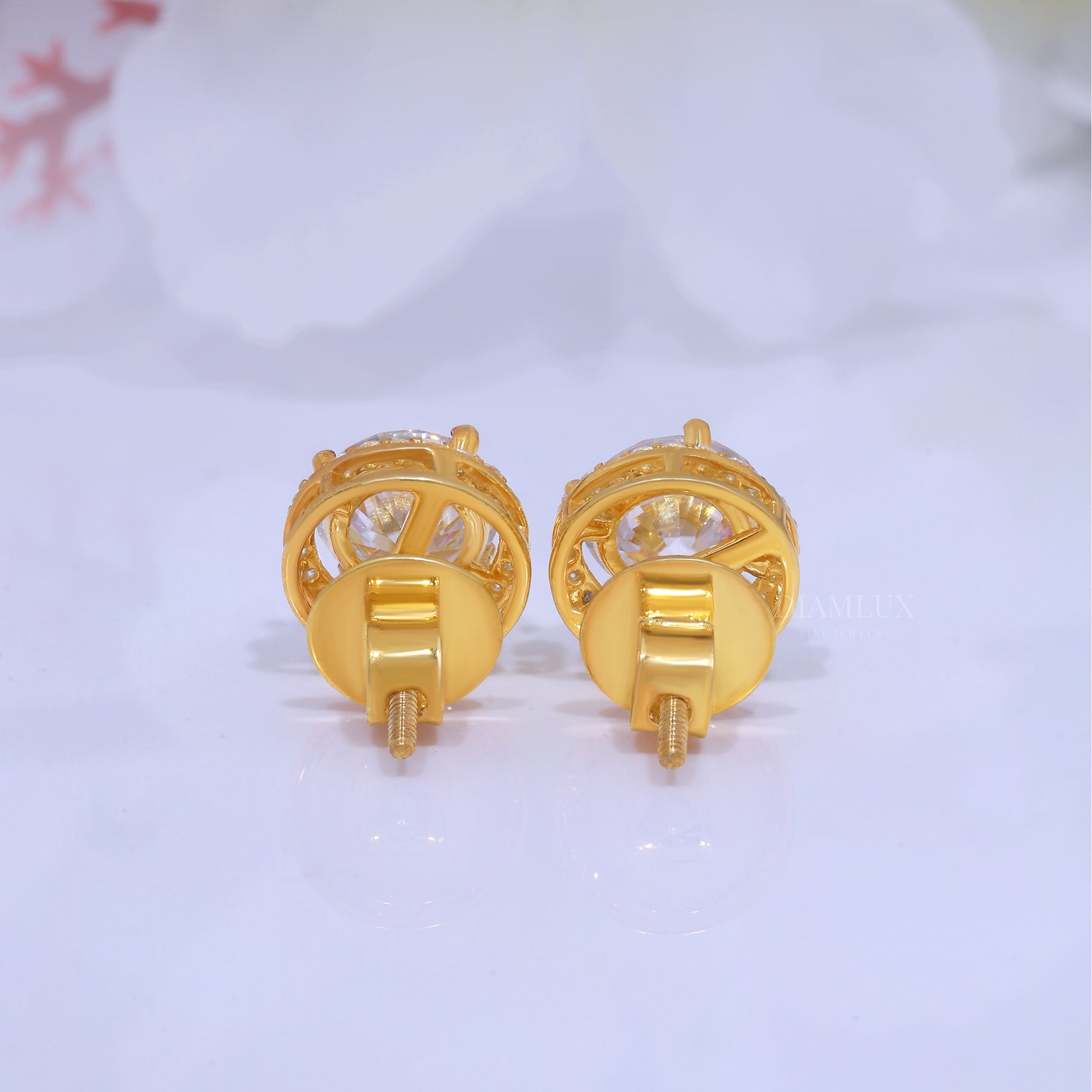 Yellow Gold Halo Stud Earrings With Moissanite Diamonds Diamlux Fine Jewelry