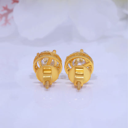 Yellow Gold Halo Stud Earrings With Moissanite Diamonds Diamlux Fine Jewelry