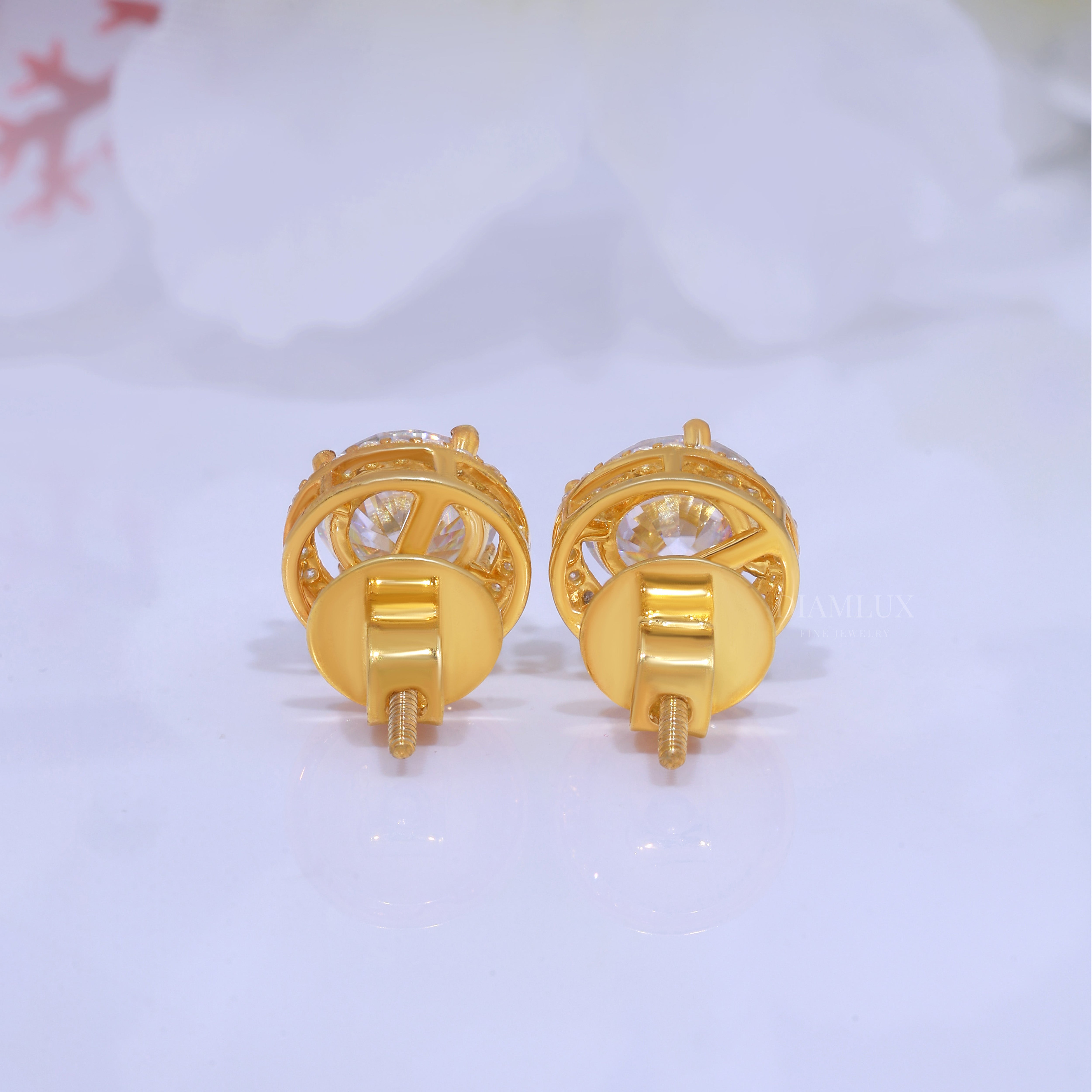 Yellow Gold Halo Stud Earrings With Moissanite Diamonds Diamlux Fine Jewelry