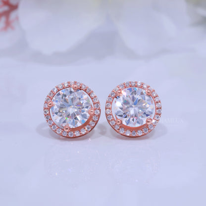 Rose Gold Halo Diamond Stud Earrings with Moissanite Diamonds Diamlux Fine Jewelry
