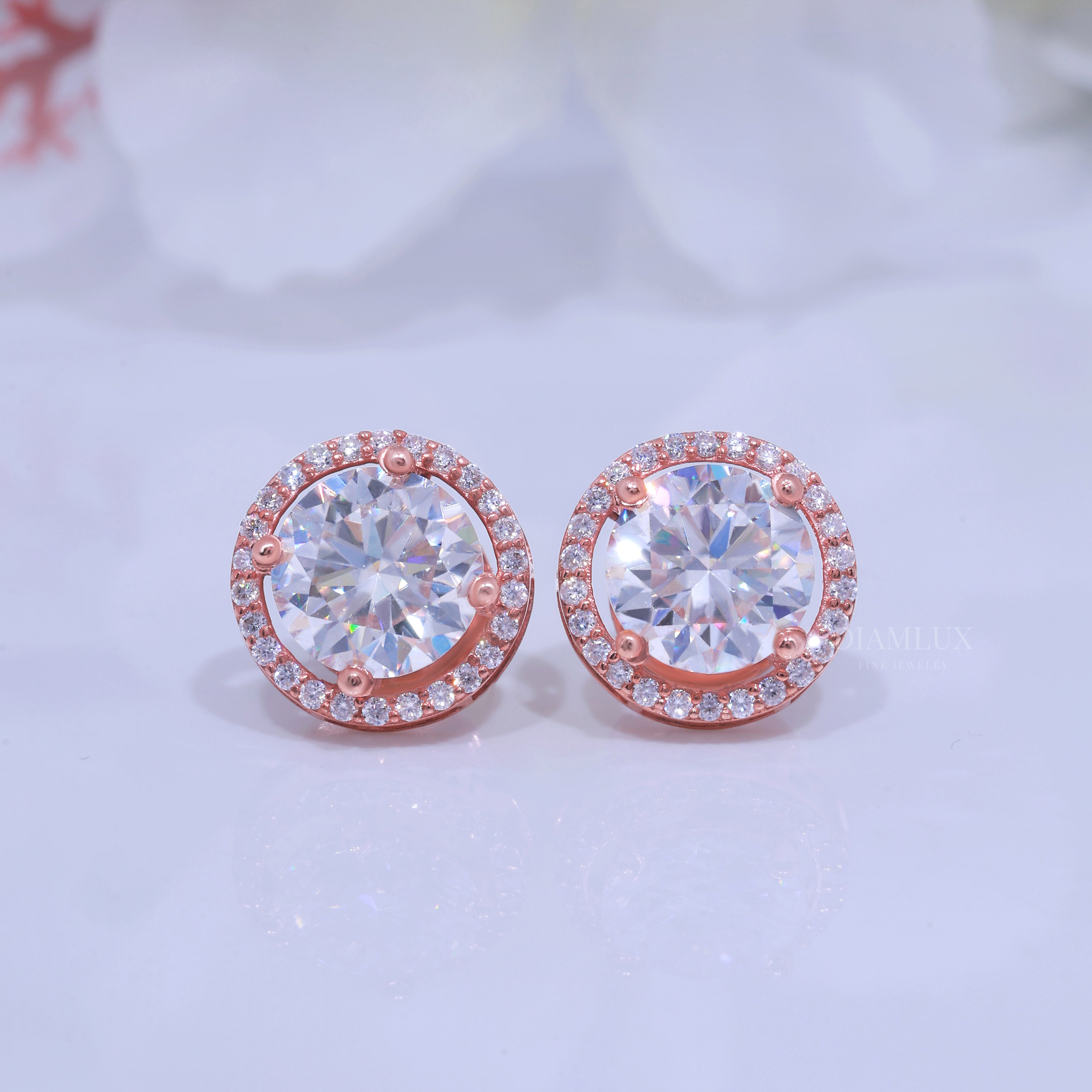 Rose Gold Halo Diamond Stud Earrings with Moissanite Diamonds Diamlux Fine Jewelry