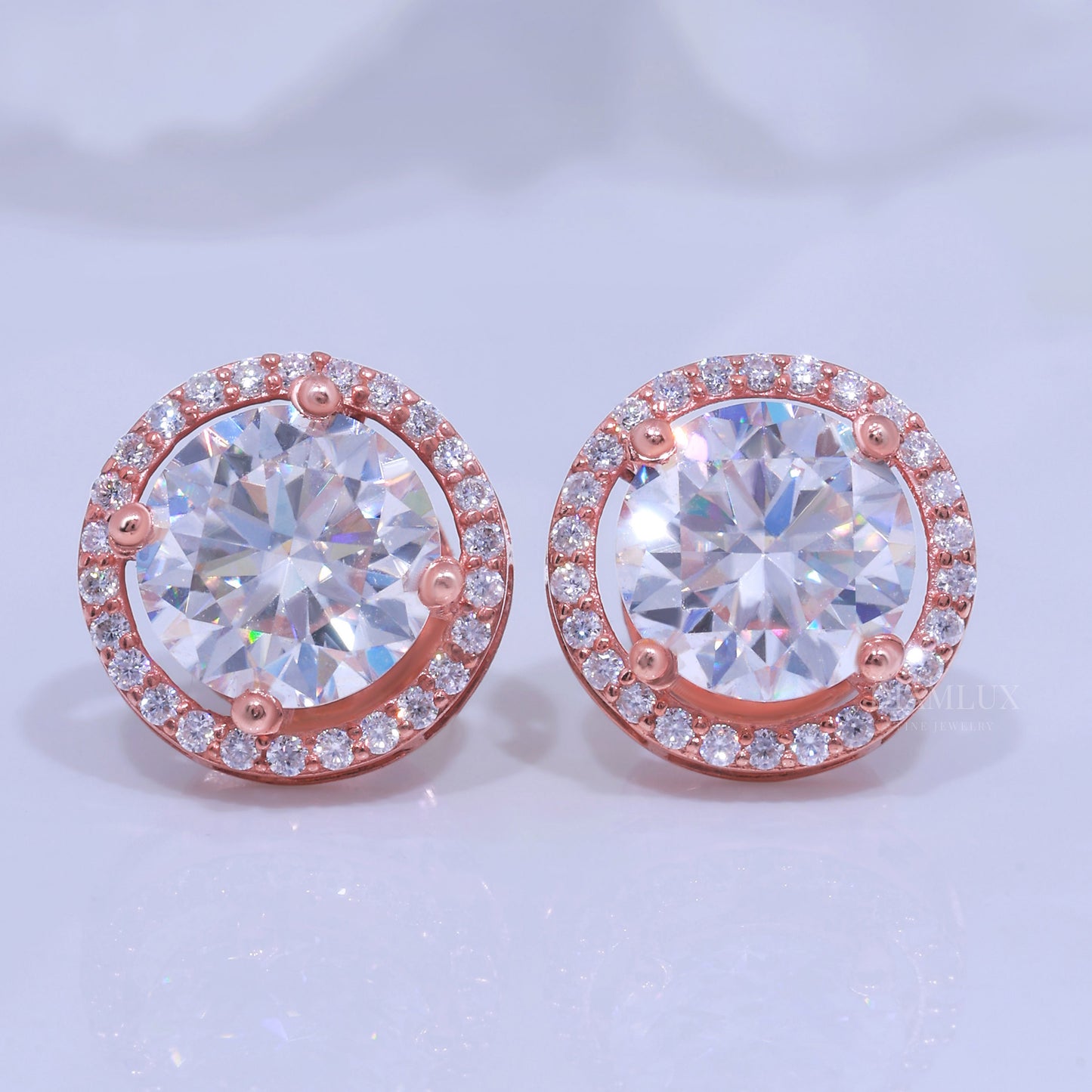 Rose Gold Halo Diamond Stud Earrings with Moissanite Diamonds Diamlux Fine Jewelry