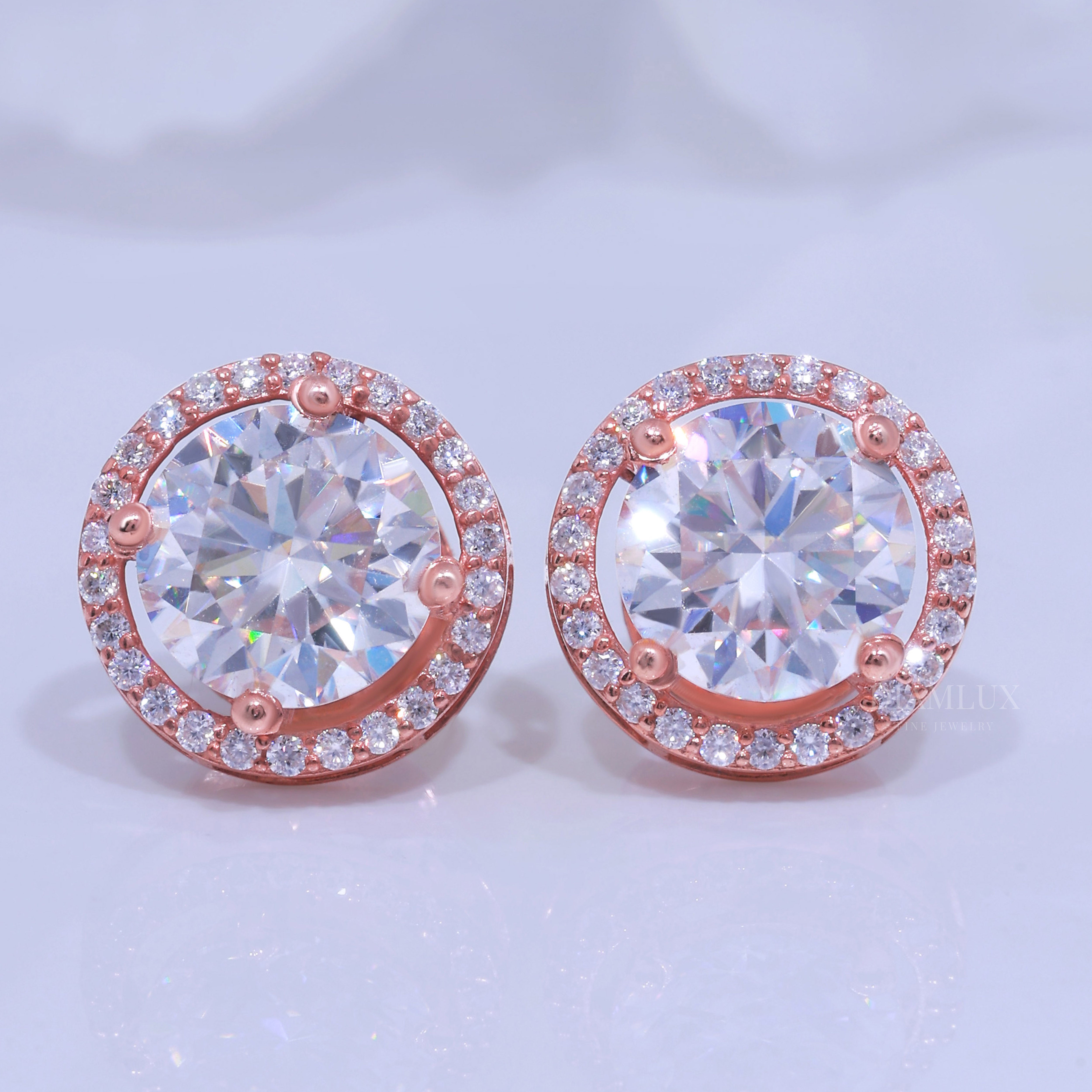 Rose Gold Halo Diamond Stud Earrings with Moissanite Diamonds Diamlux Fine Jewelry