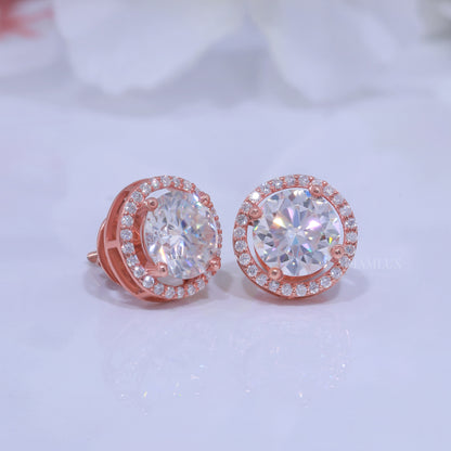 Rose Gold Halo Diamond Stud Earrings with Moissanite Diamonds Diamlux Fine Jewelry