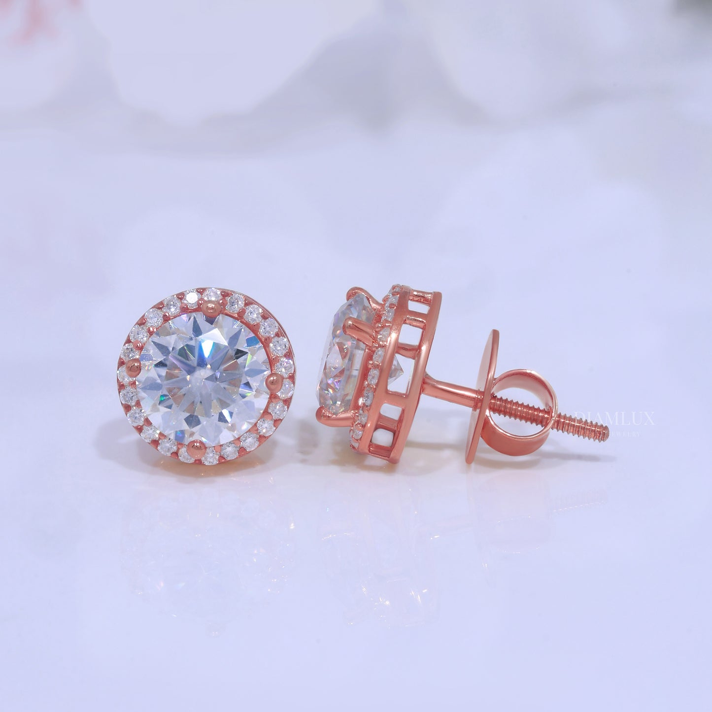 Rose Gold Halo Diamond Stud Earrings with Moissanite Diamonds Diamlux Fine Jewelry