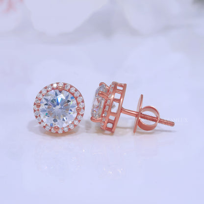 Rose Gold Halo Diamond Stud Earrings with Moissanite Diamonds Diamlux Fine Jewelry