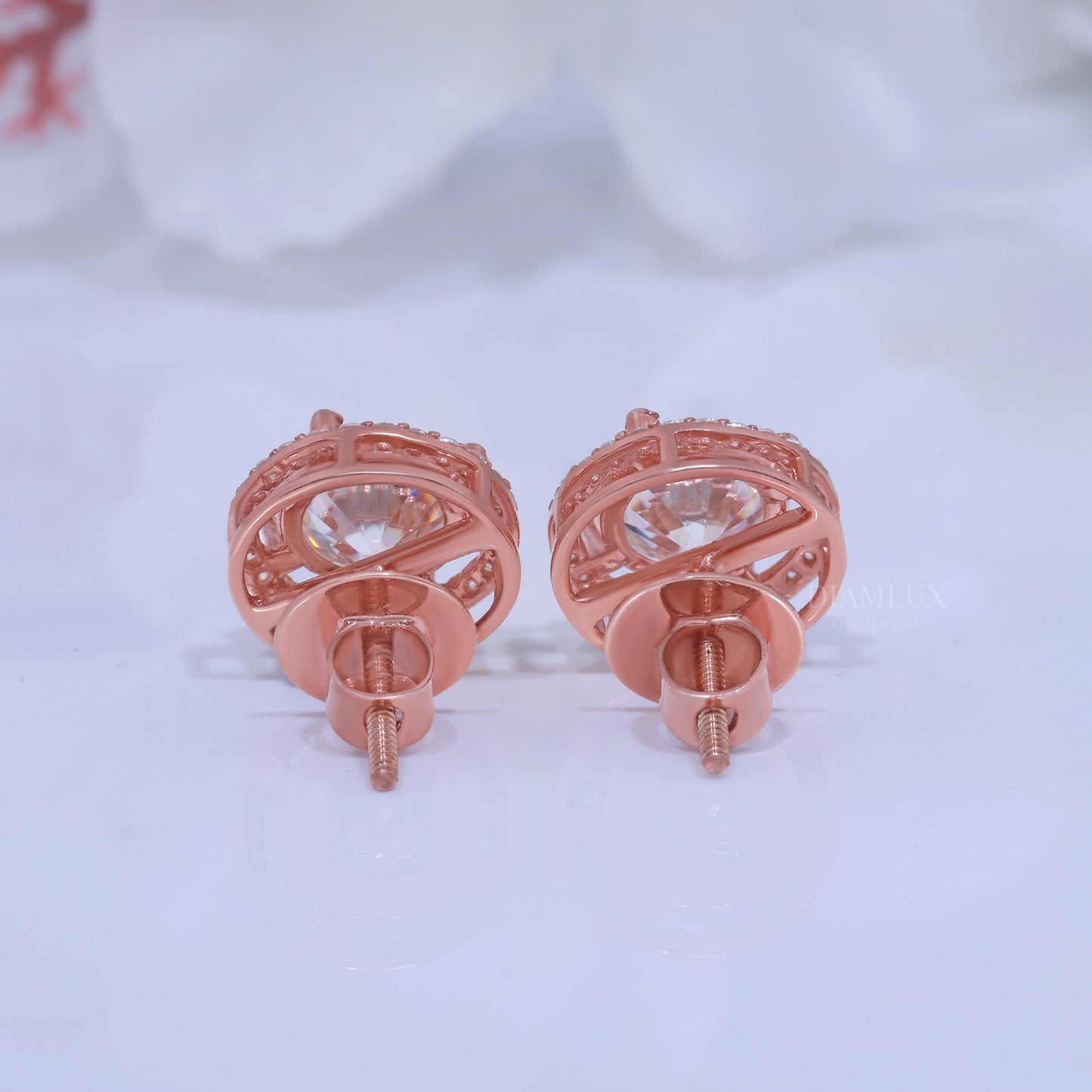 Rose Gold Halo Diamond Stud Earrings with Moissanite Diamonds Diamlux Fine Jewelry