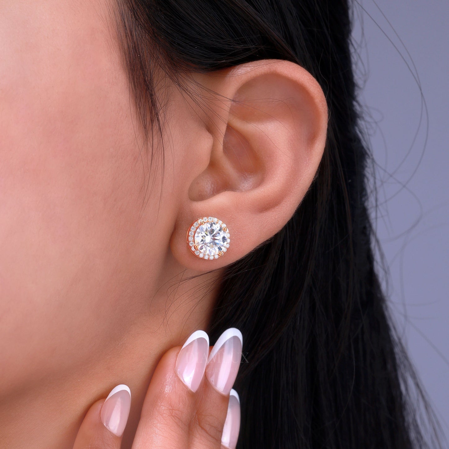 Rose Gold Halo Diamond Stud Earrings with Moissanite Diamonds Diamlux Fine Jewelry