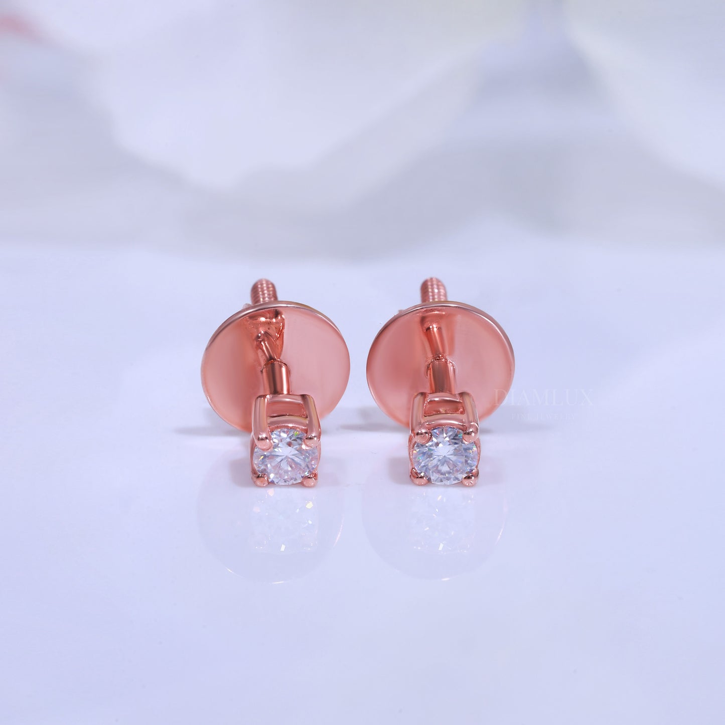 Round Solitaire Stud Earrings in Rose Gold - 925 Silver with Moissanite Diamond Diamlux Fine Jewelry