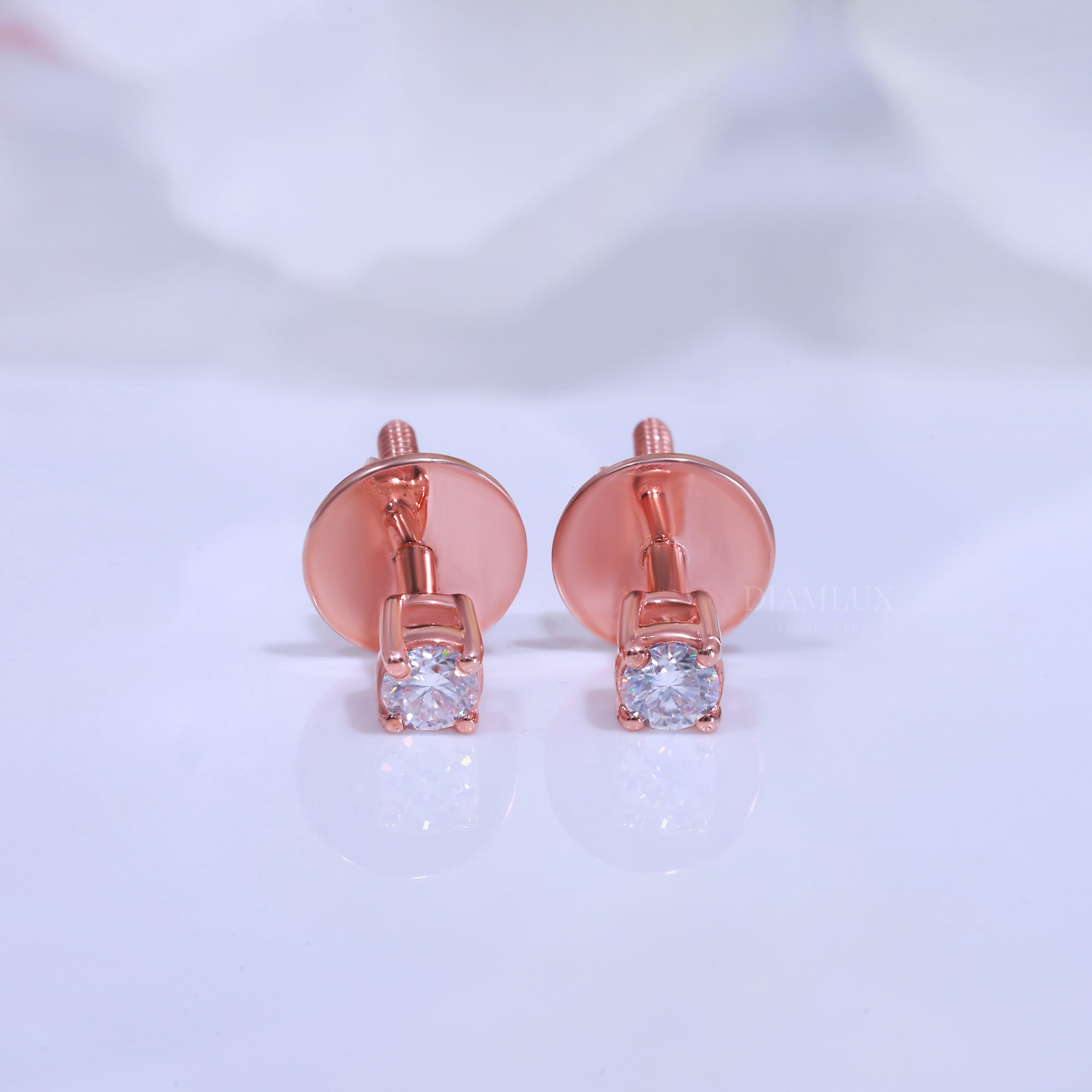 Round Solitaire Stud Earrings in Rose Gold - 925 Silver with Moissanite Diamond Diamlux Fine Jewelry