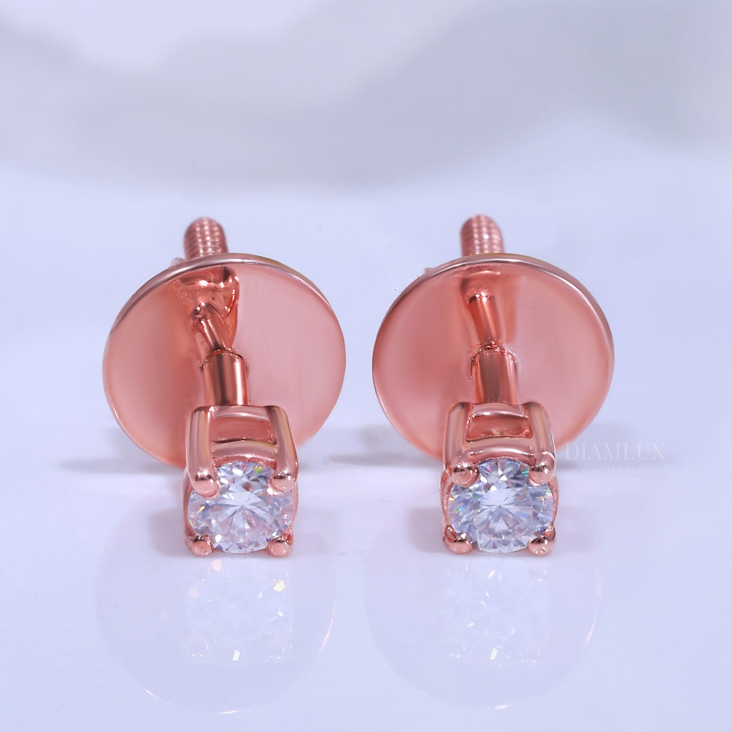 Round Solitaire Stud Earrings in Rose Gold - 925 Silver with Moissanite Diamond Diamlux Fine Jewelry