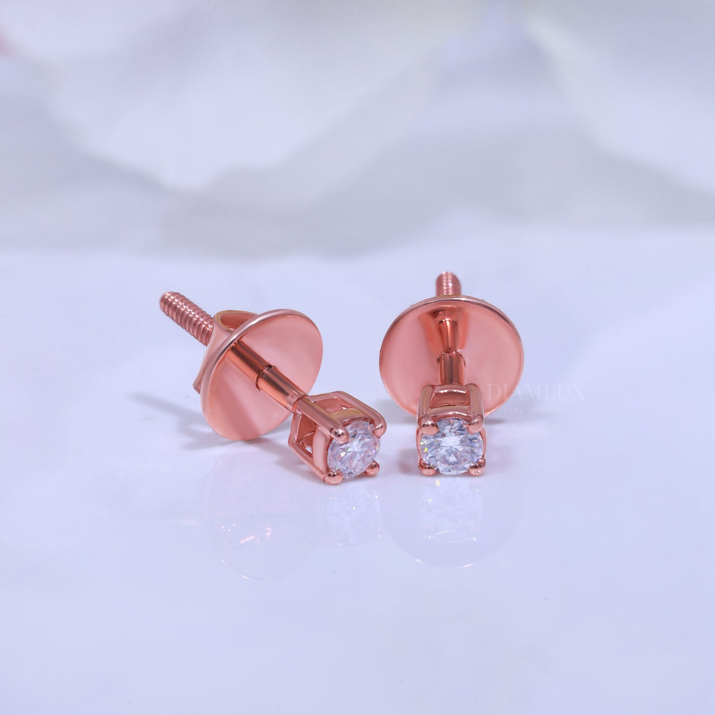 Round Solitaire Stud Earrings in Rose Gold - 925 Silver with Moissanite Diamond Diamlux Fine Jewelry