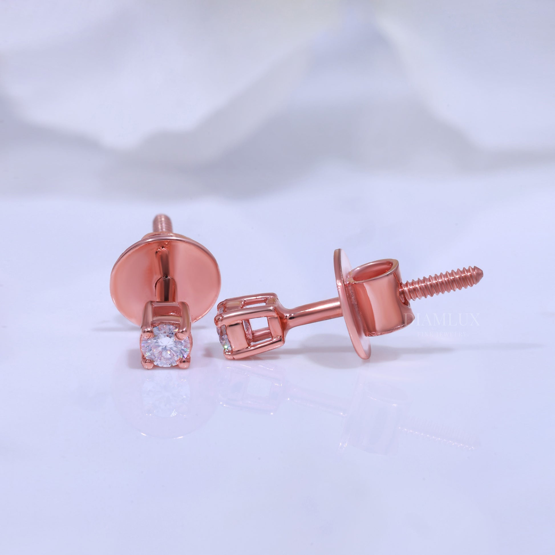 Round Solitaire Stud Earrings in Rose Gold - 925 Silver with Moissanite Diamond Diamlux Fine Jewelry