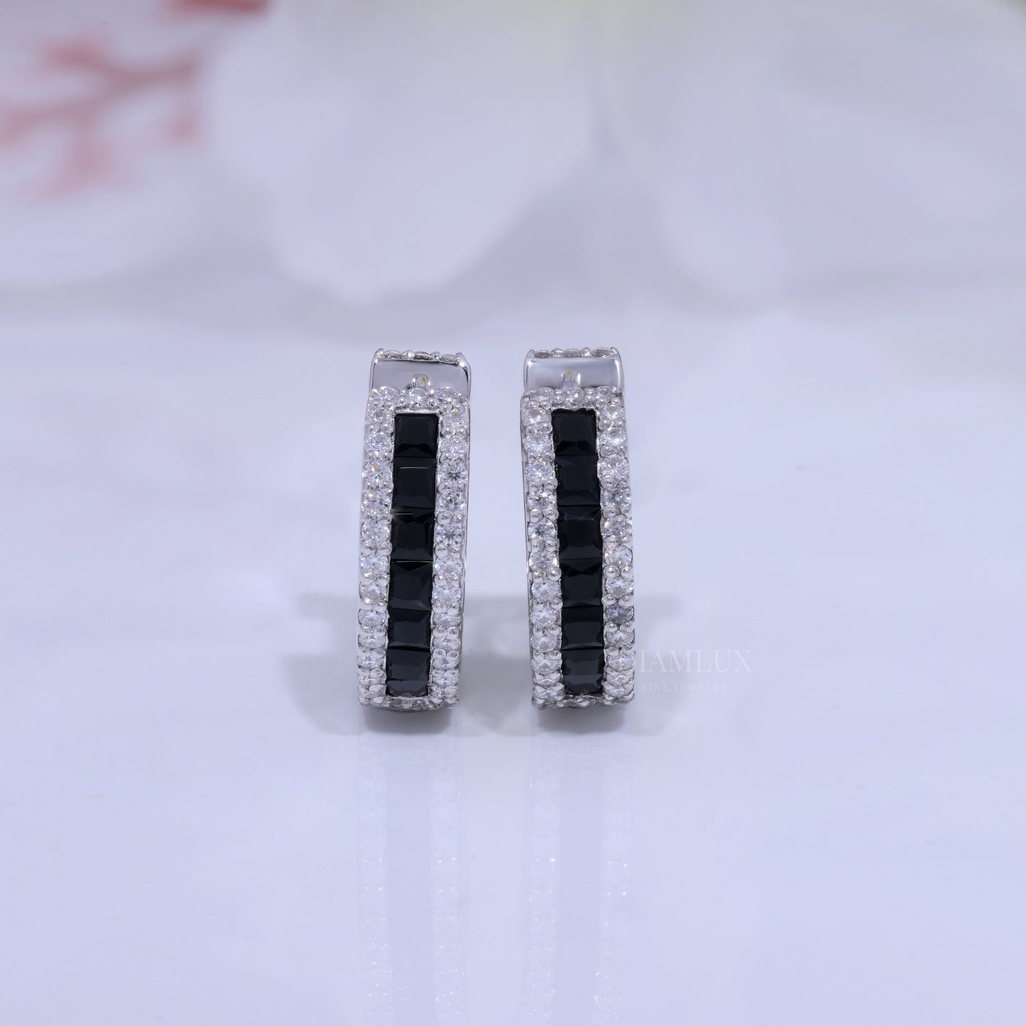 Onyx & Diamond Rectangular Hoop Earrings in 925 silver and moissanite diamonds Diamlux Fine Jewelry