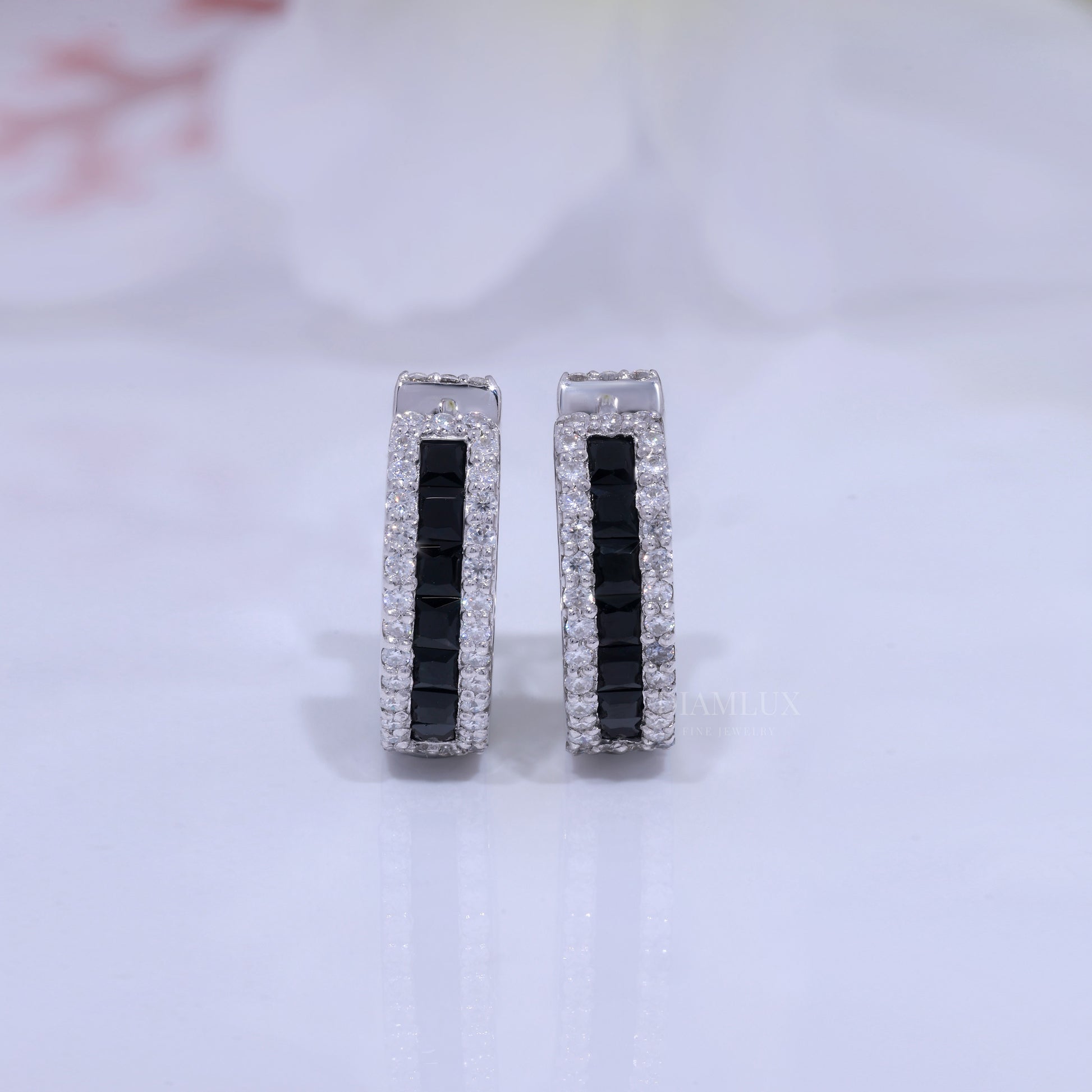 Onyx & Diamond Rectangular Hoop Earrings in 925 silver and moissanite diamonds Diamlux Fine Jewelry